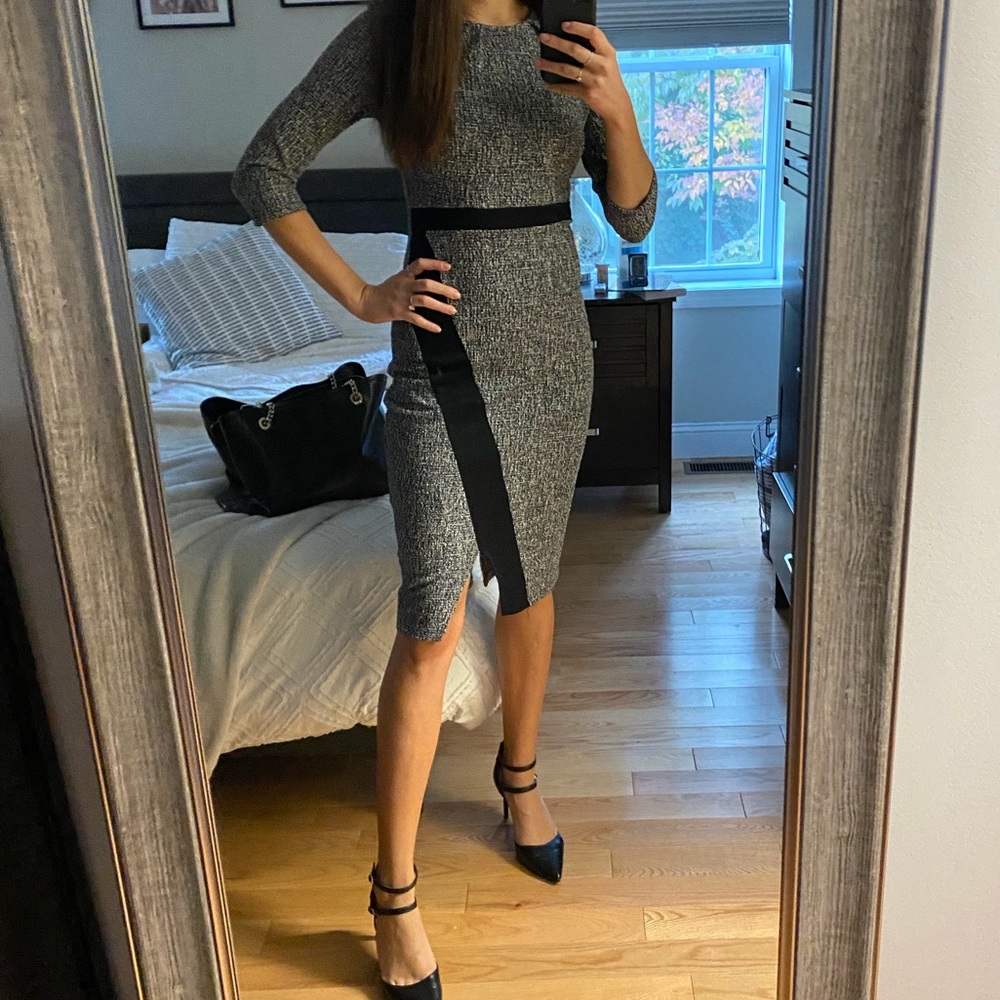 Gray Knit Sheath Dress with Black Accent - Women